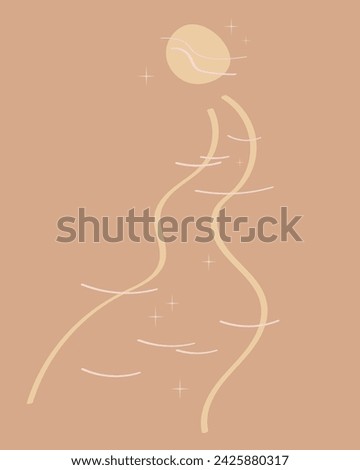 Moon river reflection over water boho abstract background hand drawn vector illustration. Minimalist surreal poster Sun reflection and stars Design concept for social media, blog post, banner, templat