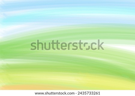 Landscape with green grass field and blue sky hand drawn watercolor texture abstract background vector horizontal illustration. Minimalist card border painted view hills stains, cloudless weather