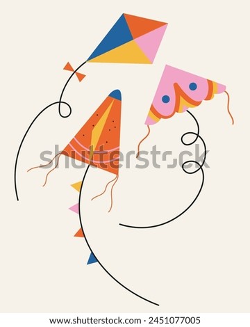 Kites set Cartoon style hand drawn vector illustration on  isolated background. Toy kite decorative design. Concept for freedom, fun, summer, happy time. For print, sign, card, paper, logo, flyer