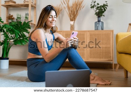 Similar – Image, Stock Photo Barefooted women practicing yoga in mountain pose