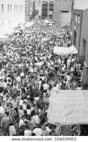 LONDON - JULY 21: The Italian street party in Warner Street, Clerkenwell on July 21, 1990 in London. The event follows the annual Catholic procession of St.Mary of Carmel which was first held in 1883.