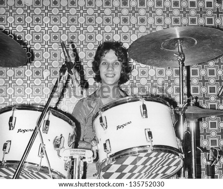 LONDON - AUGUST 20: Steve Bray, drummer with British power pop group The Boyfriends, performs live on stage on August 20, 1978 in London. The band were signed to United Artists Records.