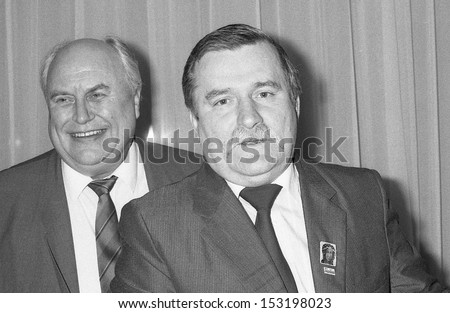 LONDON - NOVEMBER 30: Norman Willis (left) , General Secretary of the Trades Union Congress and Lech Walesa, President of Poland, attend a press conference at the TUC on November 30, 1989 in London.