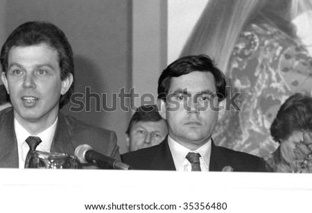 LONDON-MAY 24: Tony Blair (right) former British Prime Minister and Gordon Brown, British Prime Minister sit together at a press conference on May 24, 1990 in London.