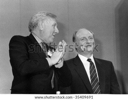 BRIGHTON, ENGLAND-OCTOBER 5: Neil Kinnock (R), Labour party Leader with Roy Hattersley, Deputy Leader, at the party conference on October 5, 1989 in Brighton, Sussex.