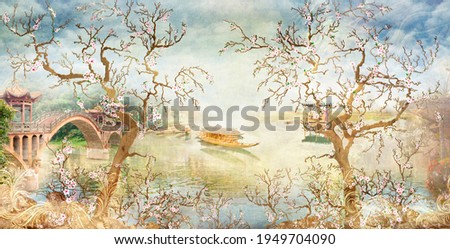 Aerial oriental landscape with curved cherry blossom trees, river, stone bridge and boat. Illustration of a wonderful summer day on the banks of a picturesque river.  Photo stock © 