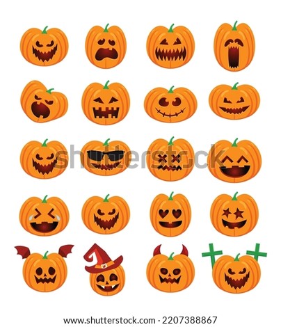 Collection of Orange Pumpkin face expressions on white background. Add Pumpkin emoji smile to your design for Happy Halloween Holiday. Vector Illustration