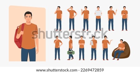 Indian Young Man Wearing T-shirt and Jeans, Character set Different poses and emotions