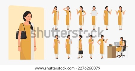 Indian Business Woman Wearing Salwar Kameez, Character set Different poses and emotions