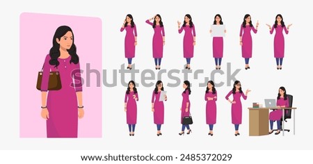 Indian Business Woman Wearing Salwar Kameez, Character Front, side, back view and explainer animation poses