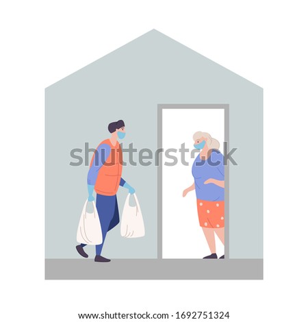 Volunteer delivers donations elderly people home coronavirus pandemic. Young man with packages in hands carrying necessities for old citizen. Concept assistance and support people risk virus infection