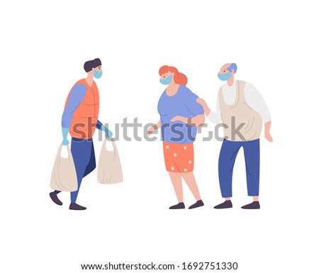 Volunteer helps elderly couple during coronavirus pandemic.Young man with packages in hands carrying necessities for old citizen. Concept assistance and support to people at risk of virus infection