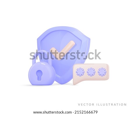Shield, closed padlock, 2fa two steps authentication password, otp code. 3d secure icon. Concept safety access, security guarantee, protect, safe. Realistic vector illustration