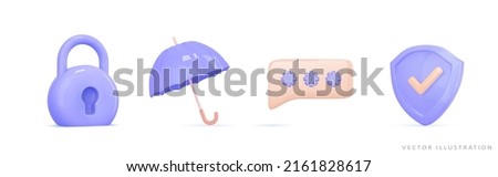 3d secure icon. Cyber protection. Shield, closed padlock, ,umbrella, otp password. Concept safety access, insurance,security guarantee, protect, safe. Realistic vector illustration