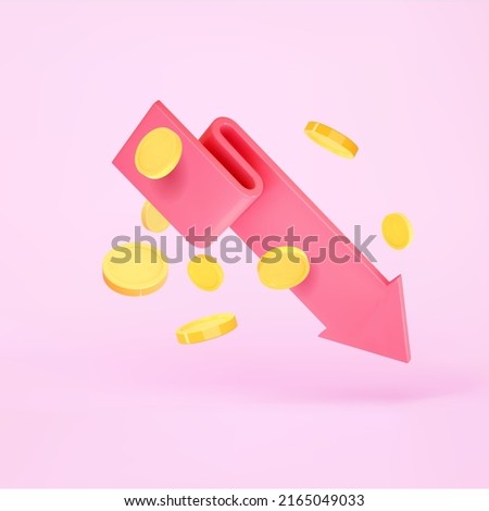 3d render chart arrow and flying coins. Red flexible falling down stock arrow icon. Financial crisis, downgrade, inflation concept. 3d render vector illustration