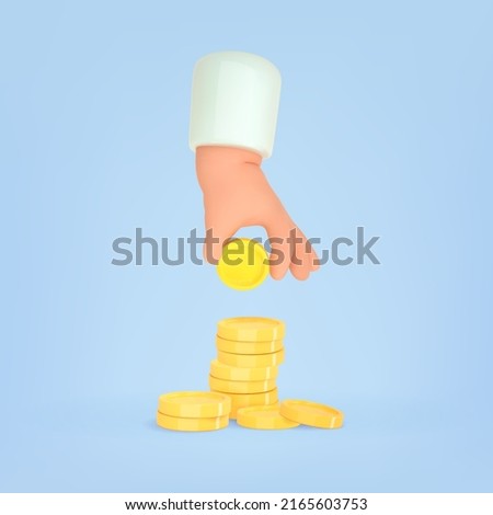 3d cartoon hand and gold coins. Business financial investment. Give money. Hand hold and adds a coin to the stack of coins. Concept cashback,charity, donate, loan. Realistic vector