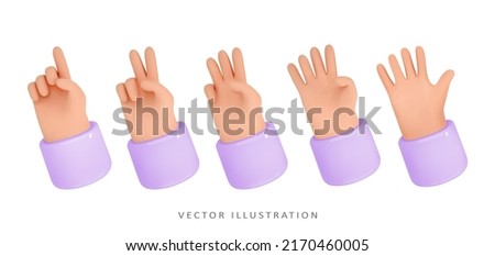 3d set of hands pointing fingers gestures. Hand up. Index finger up,victory icon,palm.Render realistic vector icon cartoon style.