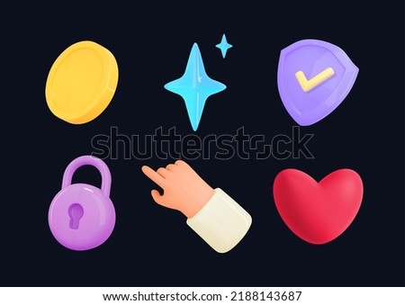 3d game icon. Coin,shield, heart, padlock, star, hand cursor icon interface element. 3d render cartoon vector objects