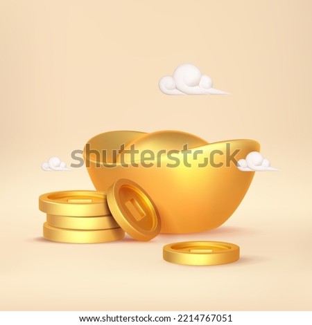 3d chinece gold coins and ingots. Asian festival element for oriental New Year design on yellow background.