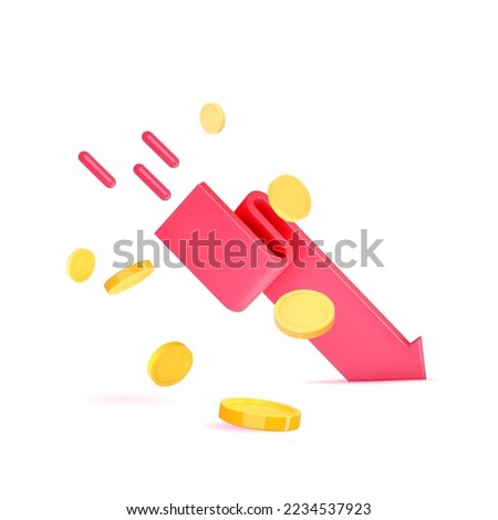 Global financial and economic crisis concept.Stock market and currency icon. 3d render red arrow falls down with the flying money. Stock market crash down. Vector illustration