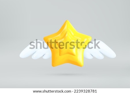 3d level up medal game icon. Cartoon yellow star with wings.Badge,insignia,label, award concept. Realistic vector illustration