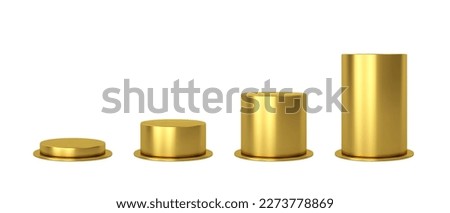 Set golden plinth podium base platform different heights. 3d round gold blank stand pedestal for product presentation.Vector cylinder shape. Podium mockup realistic illustration