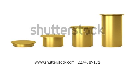 Set golden plinth podium base platform different heights. 3d round gold blank stand pedestal for product presentation.Vector cylinder shape. Podium mockup realistic illustration