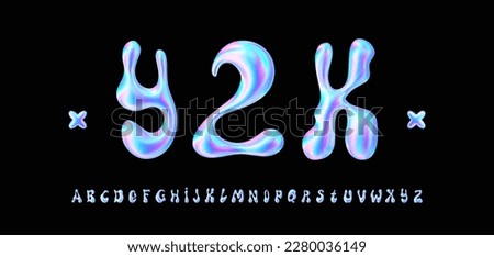 Holographic y2k font liquid. 3d bubble hologram alphabet. Iridescent holo vector letter for y2k design. Groovy vector illustration