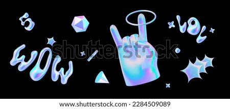 Y2k holographic 3d sticker. Vector pack trendy hologram element. Rock hand gesture, geometric shape, star, text wow on black background