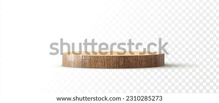 Wooden circle board plate white background. Kitchen stand tray wood podium. 3d tree trunk stump. Realistic vector illustration.