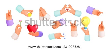 3d hands emoji icon . Different gestures of arm. Hands holding money, give flower,fingers pointing, sorry, idea, vicrory sign. Vector cartoon realistic illustration.