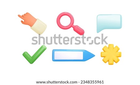 3d browser vector icons. Search bar, click hand, magnify, speech bubble, check mark, asterisk otp