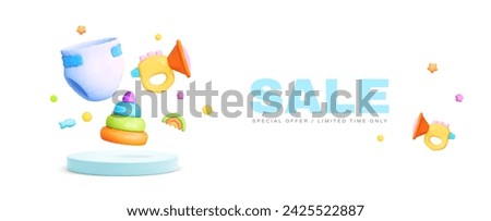 Baby toy 3d icon. Sale banner with product podium and kid cute toy on white background. Cartoon vector illustration in 3d style for baby store, online shop, sale template