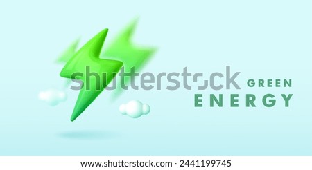 3d green energy template. Concept environmental ecology, renewable, sustainable energy sources. Green lightning bolt on blue background
