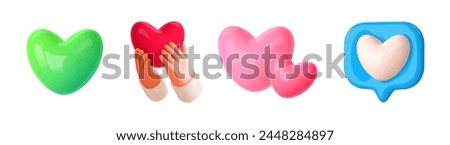 Set 3d heart icons. Hands hold or give red heart emoji, social media like, green and pink balloon friendly hearts. Concept love, health, charity,help, insurance. 3d design element. Vector illustration