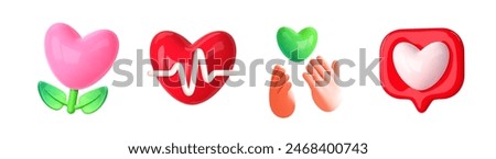 Heart and love emoji, 3d icon. Hands give heart, cardio concept, like symbol, love flower, donate. Vector elements for social media design and mobile apps