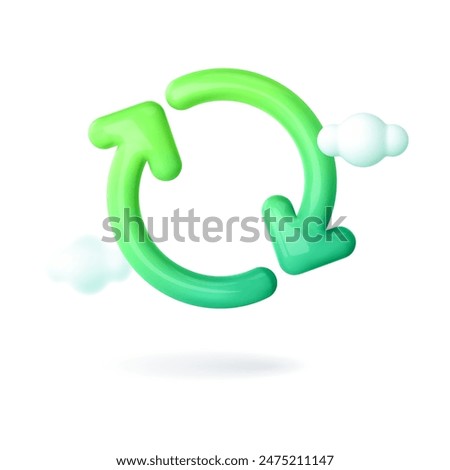 3d green ecology icon. Blue eco template with arrows recycle symbol . Renewable sources concept, reuse, refresh, sustainable energy, saving green planet . Repeat round arrow. Vector illustration