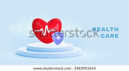 Blue medical, health care background with podium, heart, medical shield. Concept of medicine insurance, hospital, healthcare. 3d vector illustration