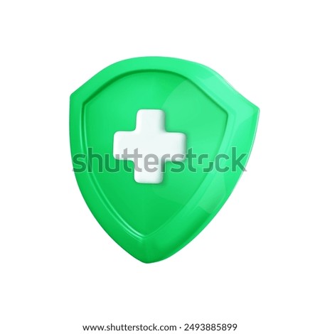 Health 3d icon. Immune green shield with cross. Medical insurance, care, safety, Medic and pharmacy sign. Hospital symbol. Cartoon vector illustration