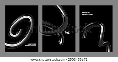 3d chrome spiral template. Silver metal curve element on black background. Y2k fluid wave, flow swirl, 3d path. Dynamic steel shapes. Set vector trend 3d illustration