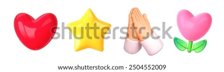 Heart and love emoji, 3d icon. Hands give heart, cardio concept, like symbol, love flower, donate. Vector elements for social media design and mobile apps