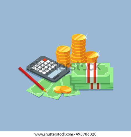 Design concept to count money. Vector illustration of stacks of cash with pile of gold coins bills calculator on blue background. Success and finance