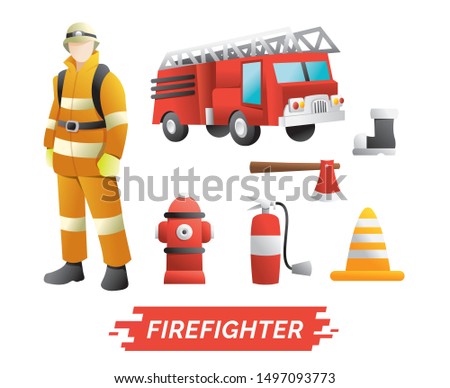 Firefighter design element. Set of characters of Profession Firefighter with Fire safety equipments. design vector element