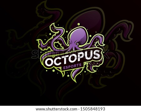 Octopus sport mascot logo design illustration. Squid, Kraken, Octopus mascot logo design for sport team. Vector eSports logo concept, Modern badge mascot design. Wild animal vector illustration