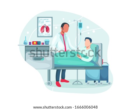 Doctor check patient health condition. Doctors treating the patient, Hospitalization of the patient. Doctor's visit to ward of patient man lying in a medical bed. Vector illustration in a flat style