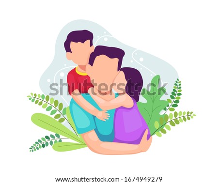 Vector illustration Father with a son and a daughter. Happy father's day greeting card, Father playing with his little kids. Vector illustration in a flat style