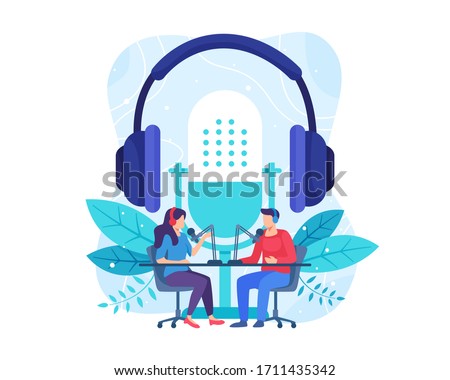 Podcast concept illustration. Female radio host interviewing guests on radio station. Podcast in studio flat vector illustration. Man and woman in headphones talking. Vector in flat style