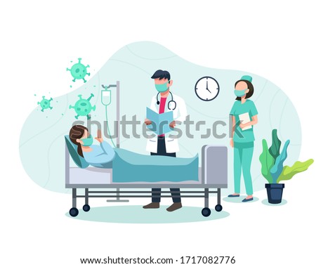 Vector illustration Treatment of patients exposed to covid-19 virus. Doctor and nurse examine patient, Treat patients with symptoms of corona virus. Coronavirus positive patient. Vector in flat style
