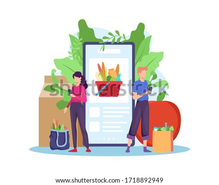 Order grocery online. Order with smartphone, shopping online concept. People buying grocery food products in mobile app. Order and Delivery in Online Supermarket. Vector illustration in flat style