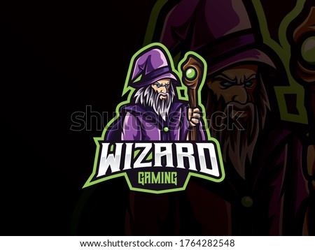 Wizard mascot sport logo design. Mystic wizard mascot vector illustration logo. Warlock mascot design, Emblem design for esports team. Vector illustration